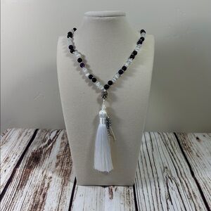 Selenite and Amethyst Gemstone Bead Handmade Beaded Mala Necklace